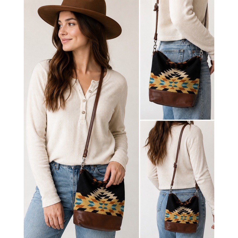 Woodside Goods Southwestern Wool Leather Crossbody Bag Portland Oregon Boho Hobo